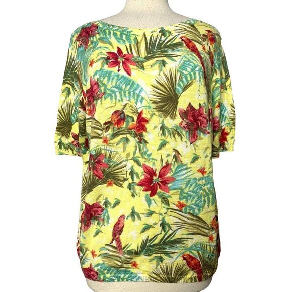 Talbots Sz L Tropical Aloha Floral Parrot Print Pullover Cotton Knit Tee Top - Picture 1 of 6